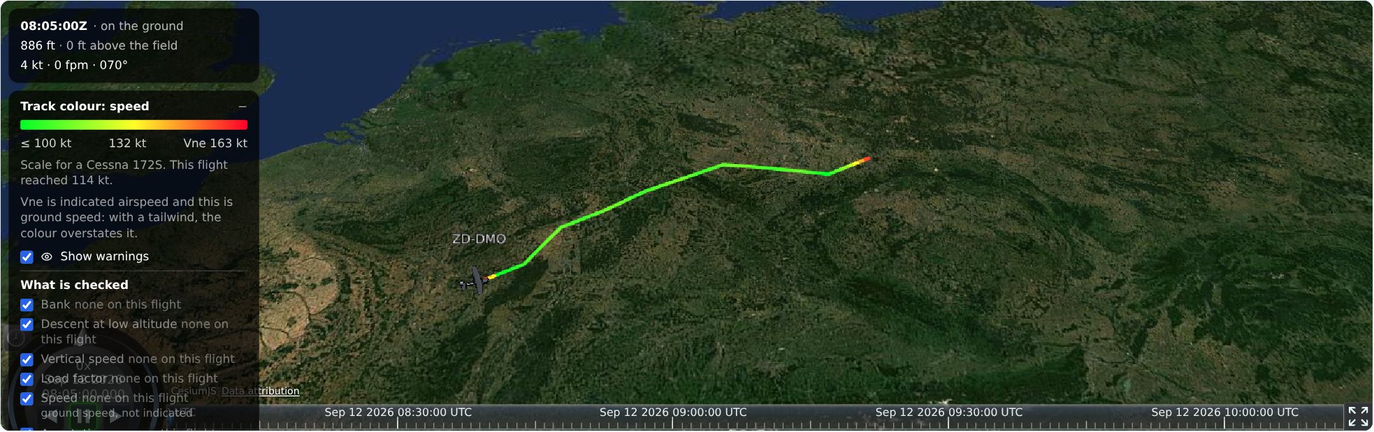 The same flight seen from above, with the track coloured by ground speed